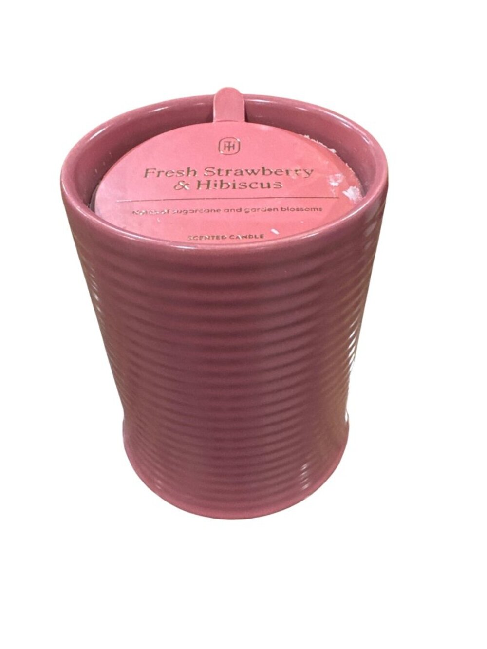 Fresh Strawberry & Hibiscus Scented Candle In Ribbed Pink Ceramic Jar 14oz